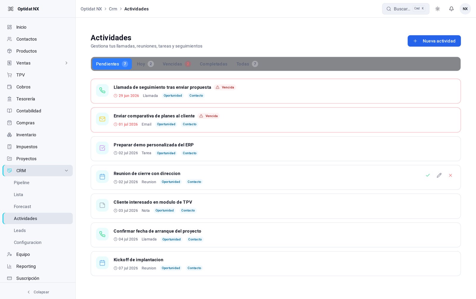 Actividades y agenda en Elodeah CRM